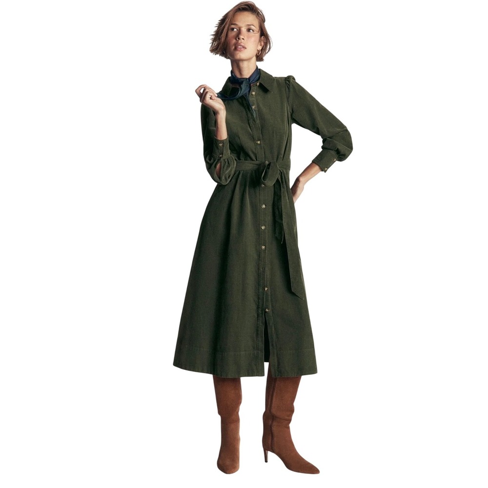 Boden Corduroy Midi Shirt Dress Olive Green Long Sleeve Belted Button Front 14R